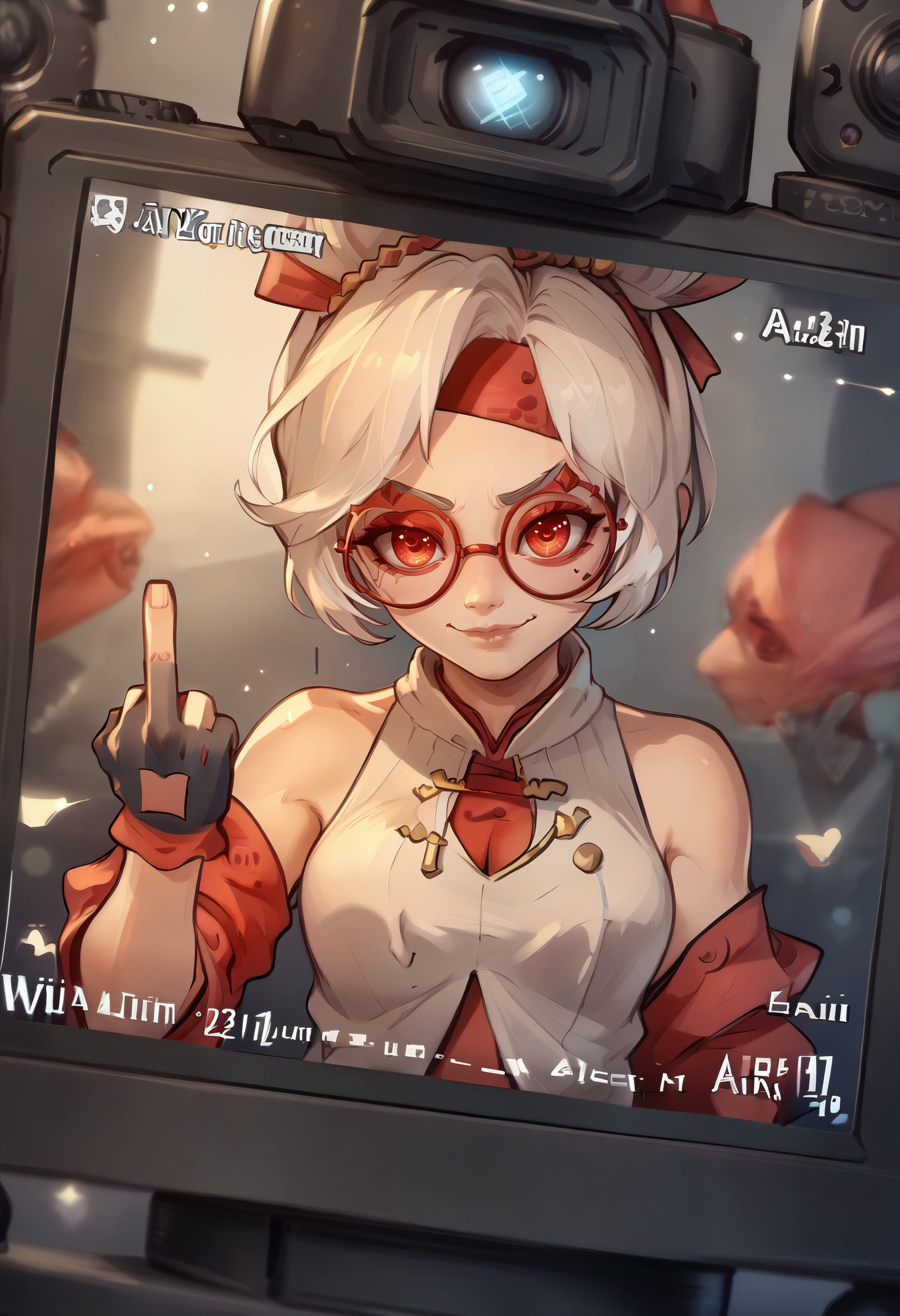 score_9, score_8_up, score_7_up, score_6_up BREAK incrsviewfinder,viewfinder,solo,upper body, purah,white hair,hair ornament, red headband, red glasses, sleeveless shirt, gloves,smug,middle finger  <lora:ViewfinderCamera_XLPD:1.3>  <lora:purah-pdxl-nvwls-v1:0.8>