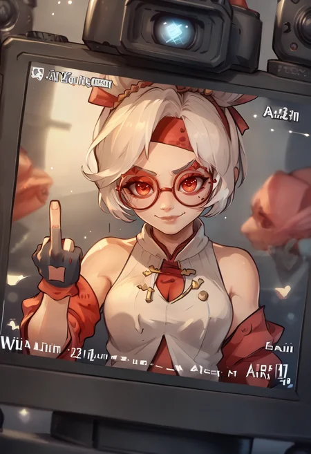score_9, score_8_up, score_7_up, score_6_up BREAK incrsviewfinder,viewfinder,solo,upper body, purah,white hair,hair ornament, red headband, red glasses, sleeveless shirt, gloves,smug,middle finger  <lora:ViewfinderCamera_XLPD:1.3>  <lora:purah-pdxl-nvwls-v1:0.8>