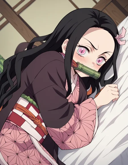 score_9, score_8_up, score_7_up, source_anime,
nezukokamado, <lora:nezuko-kamado-anime-ponyxl-lora-nochekaiser:1>,
nezuko kamado, black hair, forehead, hair ribbon, long hair, multicolored hair, pink eyes, orange hair, slit pupils, wavy hair, two-tone hair,
bamboo, bit gag, gag, gagged, asa no ha \(pattern\), checkered sash, haori, japanese clothes, kimono, long sleeves, obi, pink kimono, sash, wariza, wide sleeves,
indoors, bed, bed room, on side, blush, drunk,
solo, dutch angle, looking at viewer, cowboy shot,