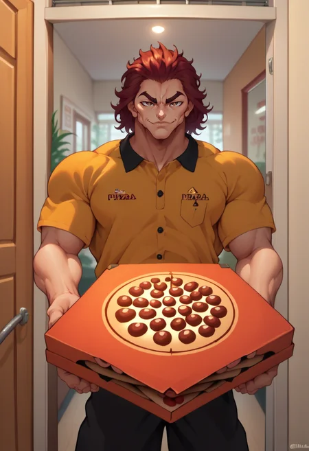 score_9, score_8_up, score_7_up, pizza box, employee uniform, pov, pizza delivery, <lora:GettingPizzaDeliveredPOV_pdxl_Incrs_v1:1>, <lora:Char-YujiroHanma-pony:0.8> YujiroHanma, 1boy, muscular male, pupils, brown eyes, red hair, smirk,