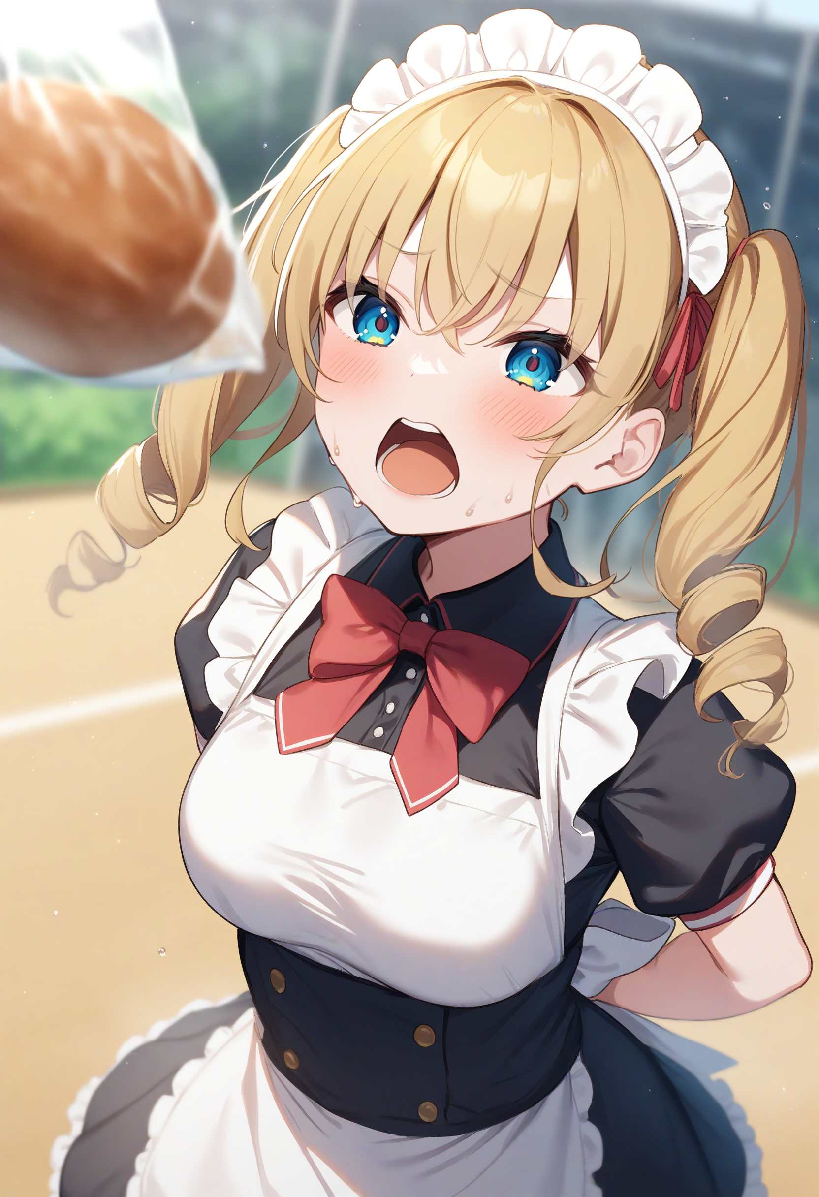 1girl,sincos, ningen mame, toosaka asagi,solo,medium breasts,20yo,maid,maid headdress,
bread eating race,sports festival,bread,arms behind back,<lora:breadeatingrace_XL_v1:0.8>
open mouth, bouncing breasts, plastic bag,
dutch angle, upper body, looking up, blonde hair, golden eyes,evil, open mouth, ringlets hair,,
best quality, very aesthetic, absurdres