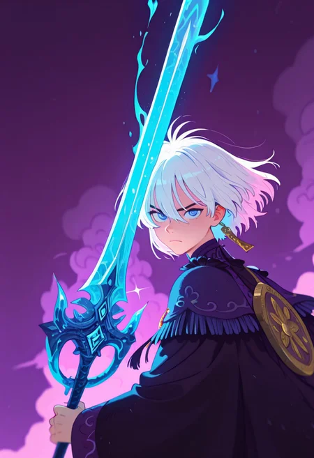 Close - up, frontal view. In a hyper - realistic fantasy scene, a man in a billowing blue silk robe is mid - swing, slashing an ice - blue greatsword forward. Ice - blue flames rage along the blade. The close - up focuses on his face. His long white hair whips back, and his ice - blue eyes are wide with intense determination, filled with a fierce, otherworldly light. His features are sharp, with a clenched jaw showing the effort of his powerful swing. Purple, swirling clouds filled with magical energy surround him, adding to the dramatic and mysterious atmosphere. The image has 32K UHD resolution for extreme detail, like the individual strands of his hair and the glint in his eyes. It has cinematic color - grading to enhance the vivid blues, purples, and the paleness of his skin. An award - film - like grainy texture gives it an authentic feel. The depth of field keeps his face in sharp focus, while the background of the swirling clouds and the blurred sword blade add a sense of depth and motion, creating a highly impactful visual that draws the viewer into this intense fantasy moment
Flatline, Flat vector illustration,
klaus_style, <lora:illustriousXL_stabilizer_v1.23:0.3> <lora:NOOB_vp1_detailer_by_volnovik_v1:0.3> <lora:ponyv6_noobE11_2_adamW-000017:0.3> <lora:mon_monmon2133:0.7> <lora:checkpoint-e18_s306:1.3> <lora:klaus:0.5>
