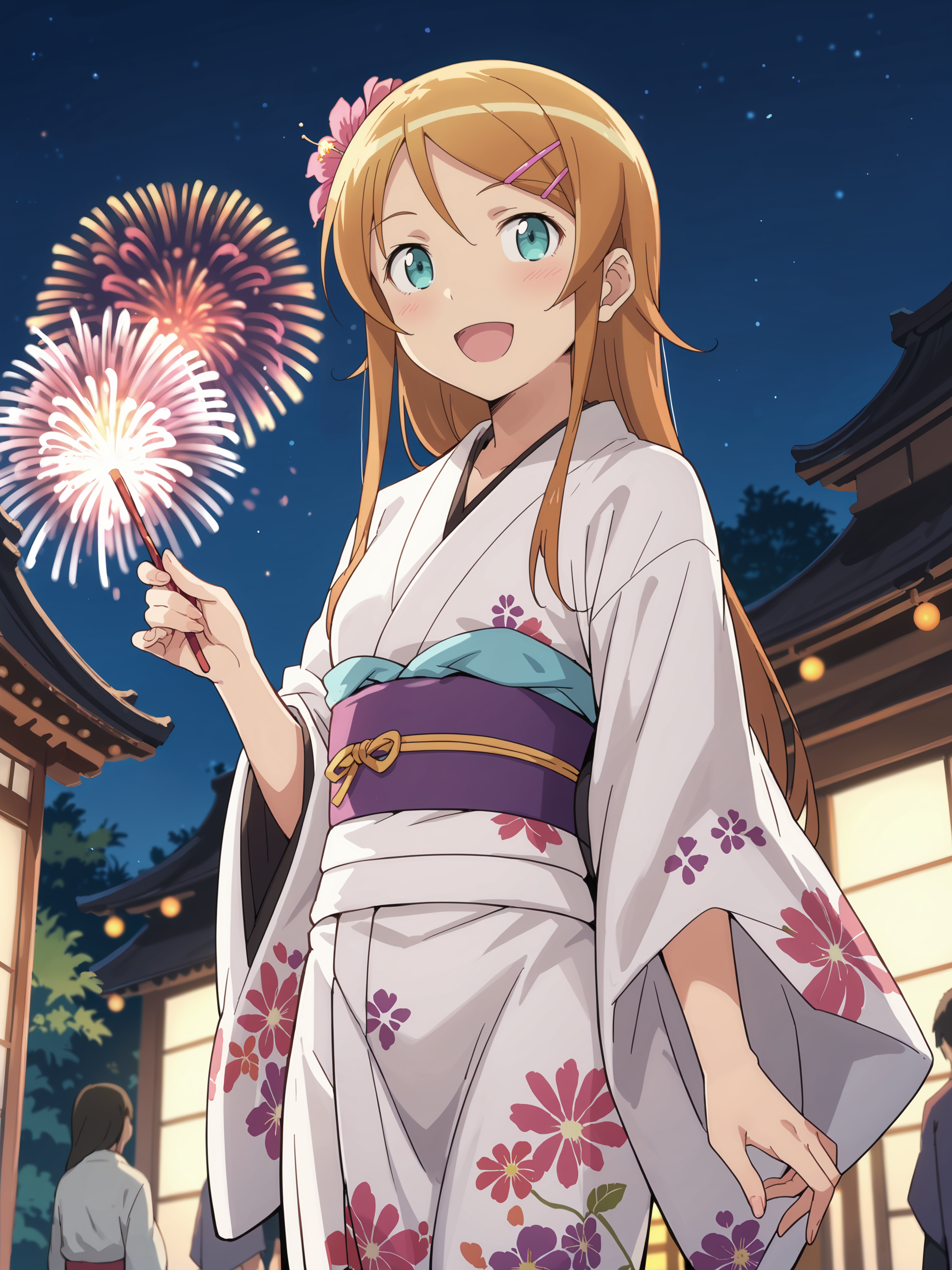 score_9, score_8_up, score_7_up, source_anime, ray tracing, best quality, anime screenshot, anime coloring,  <lora:Char-Kousaka_Kirino-V1-Pony:0.9:hr=0.6>, 1girl, kousaka kirino, hair clip, solo, kimono, hair flower, obi, sash, tabi, standing, cowboy shot, holding fireworks, smile, open mouth, night, outdoors, blurry background
