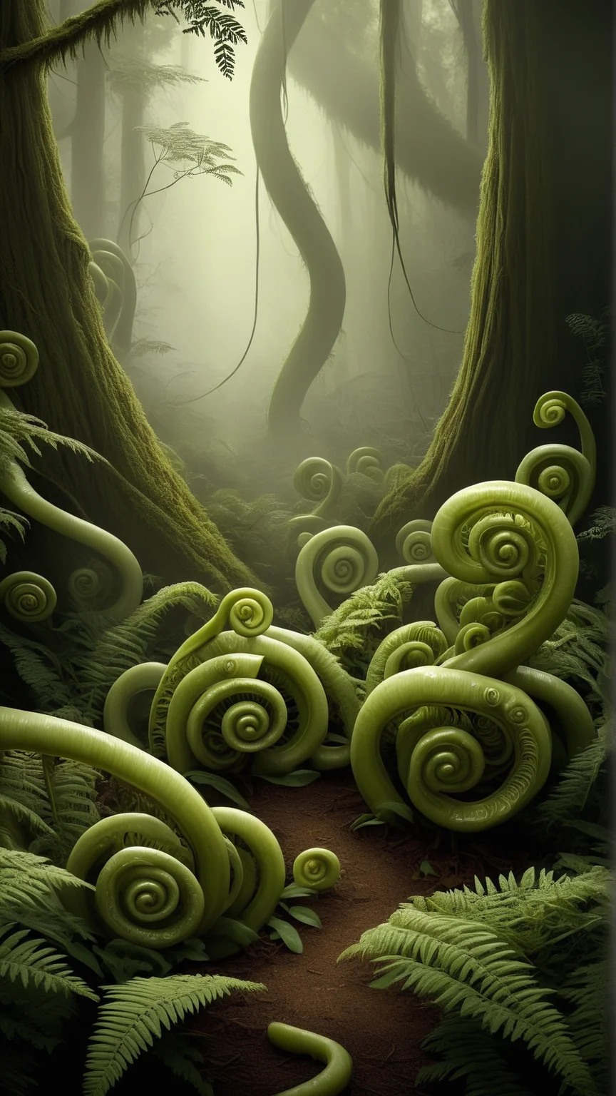 fantasy, archaeology theme, <lora:ExpeditionStyleXL:1> ExpeditionStyle fiddlehead ferns uncurling their fronds in a moist woodland