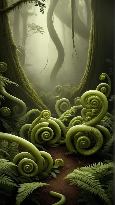 fantasy, archaeology theme, <lora:ExpeditionStyleXL:1> ExpeditionStyle fiddlehead ferns uncurling their fronds in a moist woodland