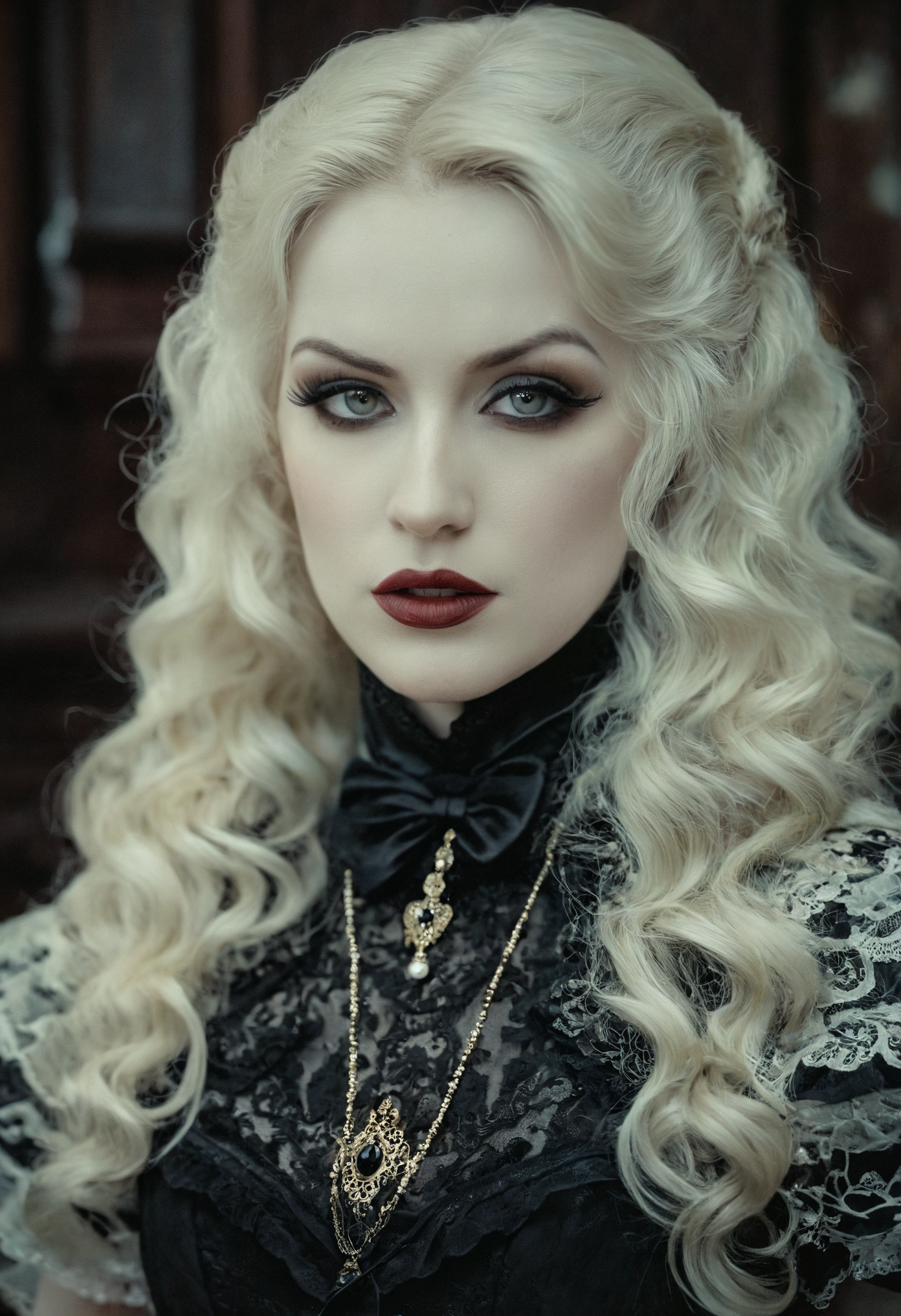 Dark art chdmchlwrd style, close up of a beautiful goth blonde, glamour shoot, (wearing intricate victorian dress), aged photo, macabre, sinister, extremely lifelike, realistic skin texture, raytracing, sharp focus, 8k, hdr, masterpiece, photography, dslr, kodachrome, 35mm photograph, analog film, professional, highly detailed