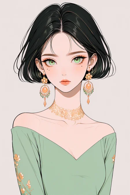 <lora:NHmix:0.85>,mh, 1girl, solo, jewelry, earrings, green eyes, mole, mole under eye, looking at viewer, short hair, simple background, black hair, upper body, collarbone