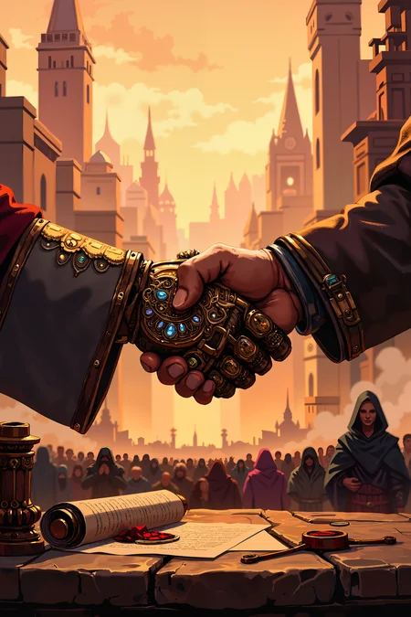 Two hands clasp firmly in a handshake at the center of the frame, one clad in an ornate, jewel-encrusted gauntlet, the other in a tattered leather glove. The contrast between wealth and hardship is stark. Behind them, a vast cityscape of towering spires and smoky alleyways stretches into the distance, blurring into a haze of warm sunset tones. A scroll, its wax seal freshly broken, rests on a nearby stone pedestal, while a small crowd of robed figures watches from the shadows, their faces unreadable.<lora:XRSTYLE_FLUX:0.5><lora:RetroAnimeFluxV1:0.4><lora:MoriiMee_Gothic_Niji_Style_FLUX:0.3>