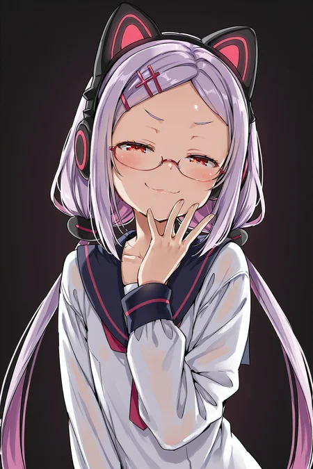 black background, shiny skin, posing,
<lora:natsueri.il:1>,
natsueri,
looking at viewer, half-closed eyes, smug, 
clothed girl, safe,, (purple hair:1.2), very long hair, low pigtails,
red eyes, glasses, hairpin, glowing cat headphones,  
hairpin,