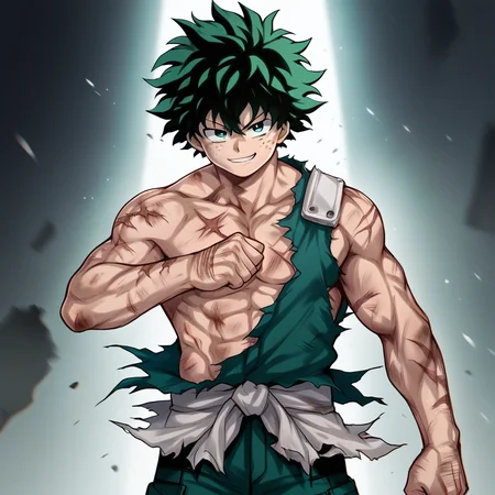 score_9,score_8_up,score_7_up,score_6_up,source_anime,rating_safe,1boy, solo, smirk, Deku, Izuku Midoriya, freckles, green hair, torn clothes, <lora:Battle_Damage:0.8> battledamage,  cuts, bruises, damaged, scars, zPDXL2,