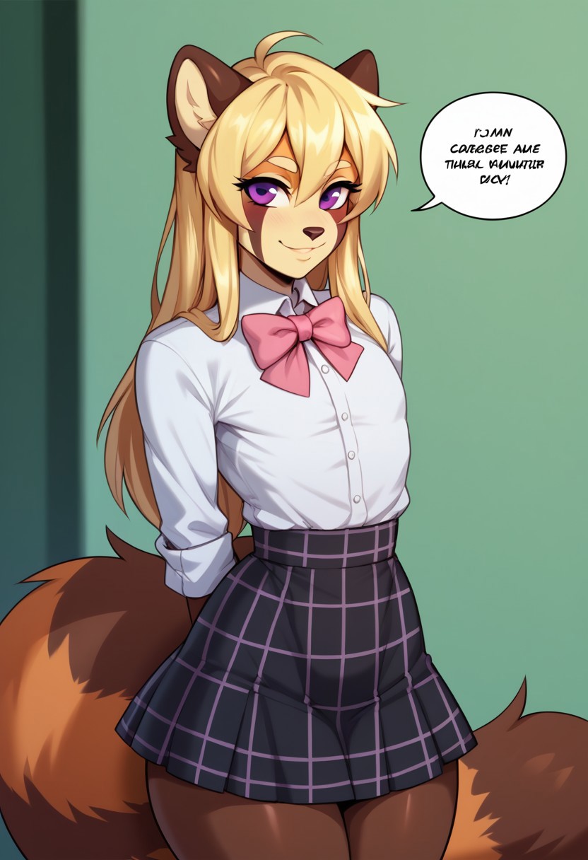 drawpanther_style,score_8_up, score_7_up, solo, foxacuwaku, red panda,1boy, femboy, long blonde hair, purple eyes, slim waist, wide hips, multicolored skin, brown tail, yellow face, BREAK,cute, sunny day, white shirt, pink bow tie, black plaid skirt, looking at the viewer, smiling broadly, a speech bubble appeared above his head with the inscription "You are the best"