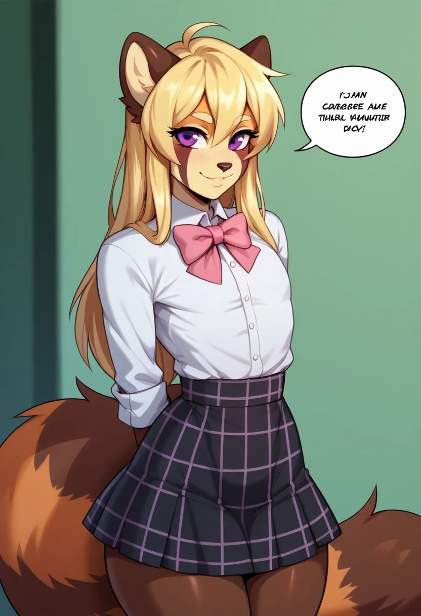 drawpanther_style,score_8_up, score_7_up, solo, foxacuwaku, red panda,1boy, femboy, long blonde hair, purple eyes, slim waist, wide hips, multicolored skin, brown tail, yellow face, BREAK,cute, sunny day, white shirt, pink bow tie, black plaid skirt, looking at the viewer, smiling broadly, a speech bubble appeared above his head with the inscription "You are the best"