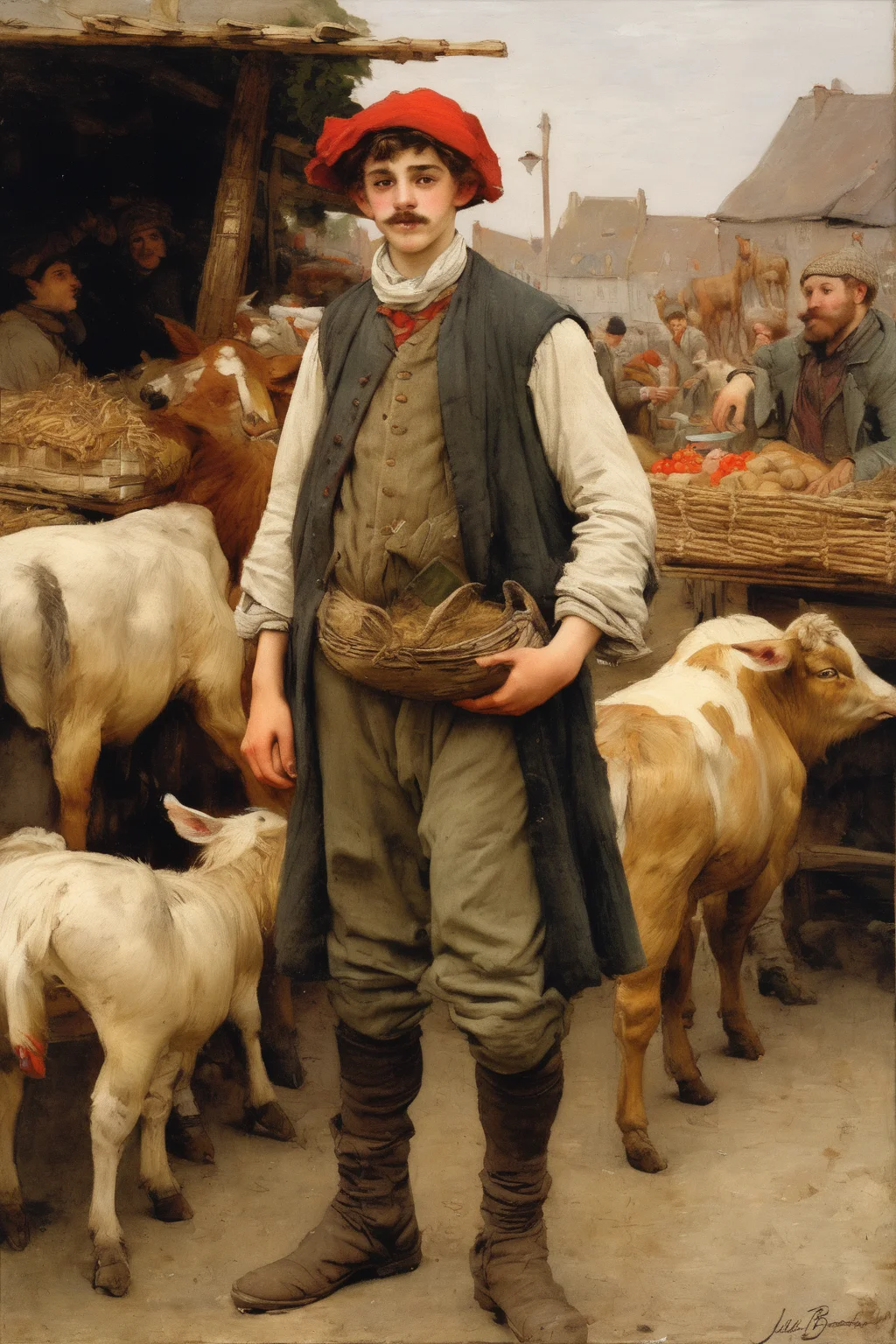 Jules Bastien-Lepage Style - young irishman celtic midieval merchant with red moustache selling his farm animals at a market