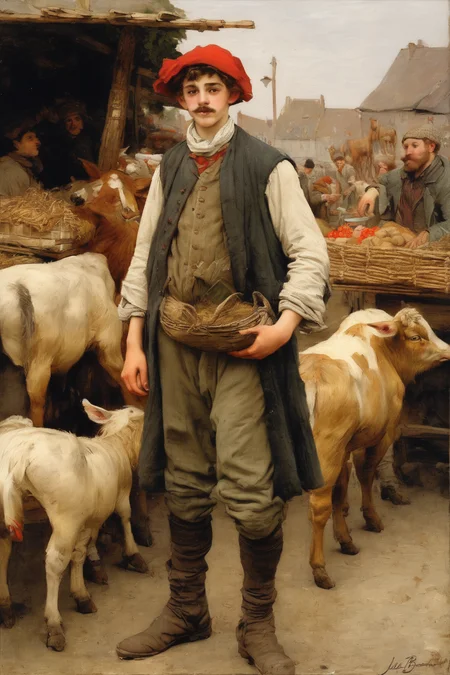 Jules Bastien-Lepage Style - young irishman celtic midieval merchant with red moustache selling his farm animals at a market