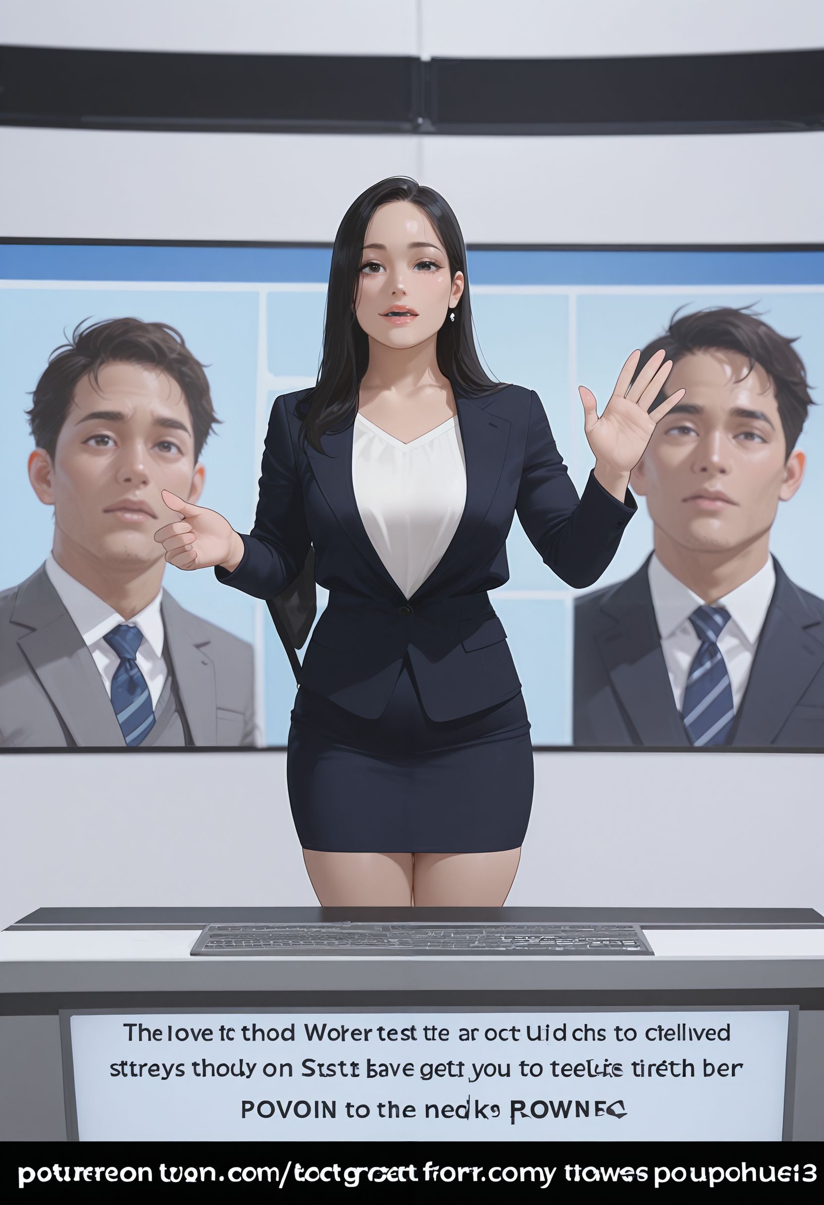 1girl, 
nwscstr, newscaster, announcer, female announcer, news, breaking news, black hair, 
talking to viewer, 
english text, 
standing, large screen, studio, pencil skirt, skirt, (waving:0.5), 1boy on screen, 
<lora:newscaster_illustrious:0.7>