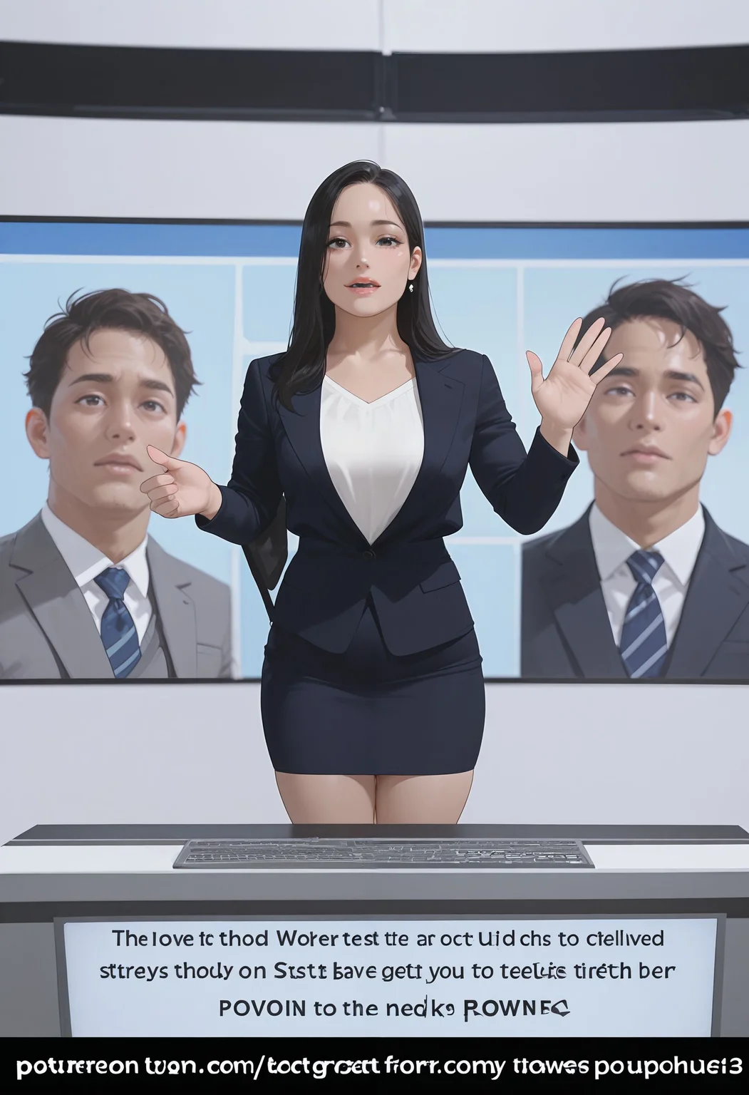 1girl,
nwscstr, newscaster, announcer, female announcer, news, breaking news, black hair,
talking to viewer,
english text,
standing, large screen, studio, pencil skirt, skirt, (waving:0.5), 1boy on screen,
<lora:newscaster_illustrious:0.7>