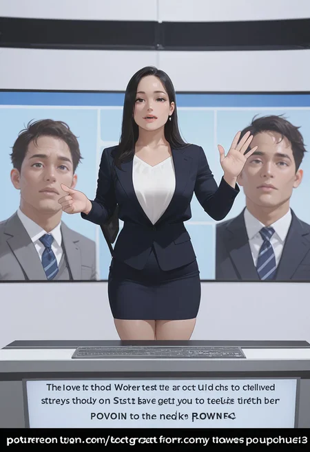1girl, 
nwscstr, newscaster, announcer, female announcer, news, breaking news, black hair, 
talking to viewer, 
english text, 
standing, large screen, studio, pencil skirt, skirt, (waving:0.5), 1boy on screen, 
<lora:newscaster_illustrious:0.7>