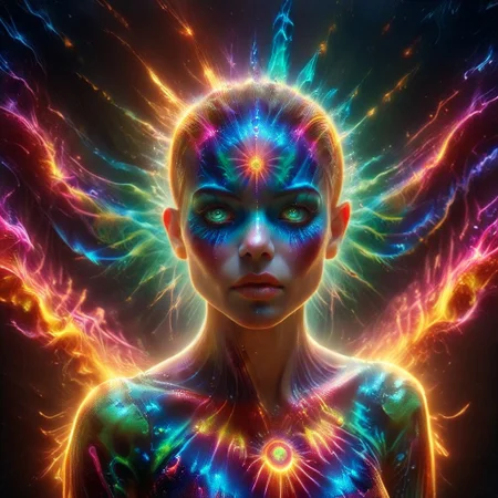 a full body fire entity girl with multicolored flames, purple and blue lights, green and blue flames, pink energy electric eyes, professional photography of an fantastical creature, young woman, shaved head Finely detailed, in a solarpunk environment, looking at viewer, solo, headwear removed, realistic, night blue sky, own hands, spooky makeup, entirely made of stars and galaxies, cyber light trails with whimsical elements, swirling magic, eerie fairytale landscape, elaborate fantasy style art, very colorful, intricate details, ultra sharp, exquisite detail, flawless composition, vivid colors, masterpiece, exciting background, psychedelicai, made out of,colorful,liquid,Murano Art Glass, GlowingInk, mad-glowtiedye, glowneon, glowing, sparks, lightning