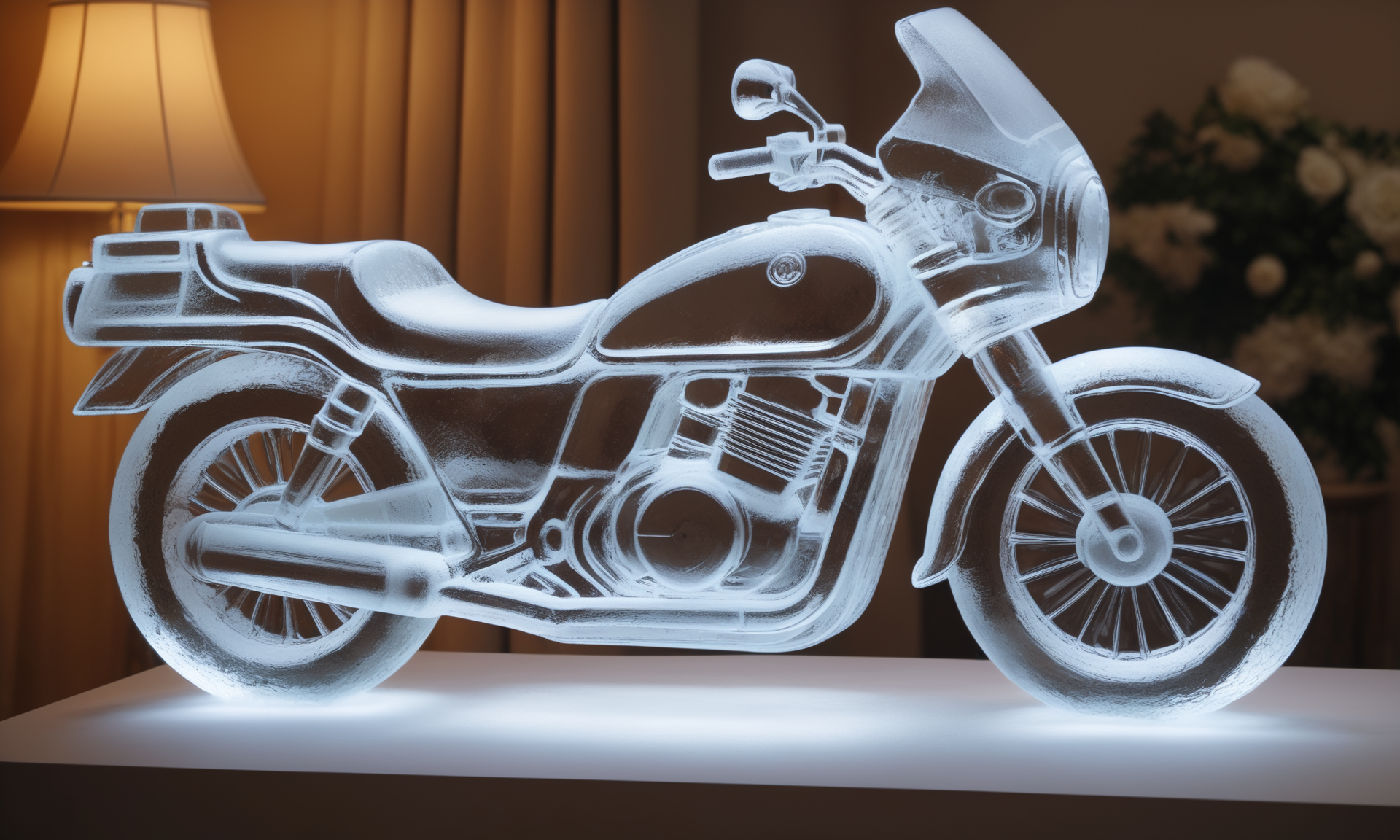 <lora:icecarvingcd_xl-000013:0.8>,close-up,a motorbike sculpture made of (icecarvingcd_xl,transparent:1.2,see-through:1.2,air bubble,cracked:1.3,broken:1.3,melting ice:1.3) on table,military vehicle,chilled,indoors,living room,simple background,no humans,fine art,detailed,hi-res photo, emotional,harmonious,high budget,moody,epic,gorgeous,perfect lighting,realistic,photorealistic,photographic,photo (medium),real,moody lighting,volumetric lighting,reality ray tracing,8K,HDR,UHD,masterpiece,best quality,highly detailed,high resolution,finely detail,extremely detailed,ultra detailed,wallpaper