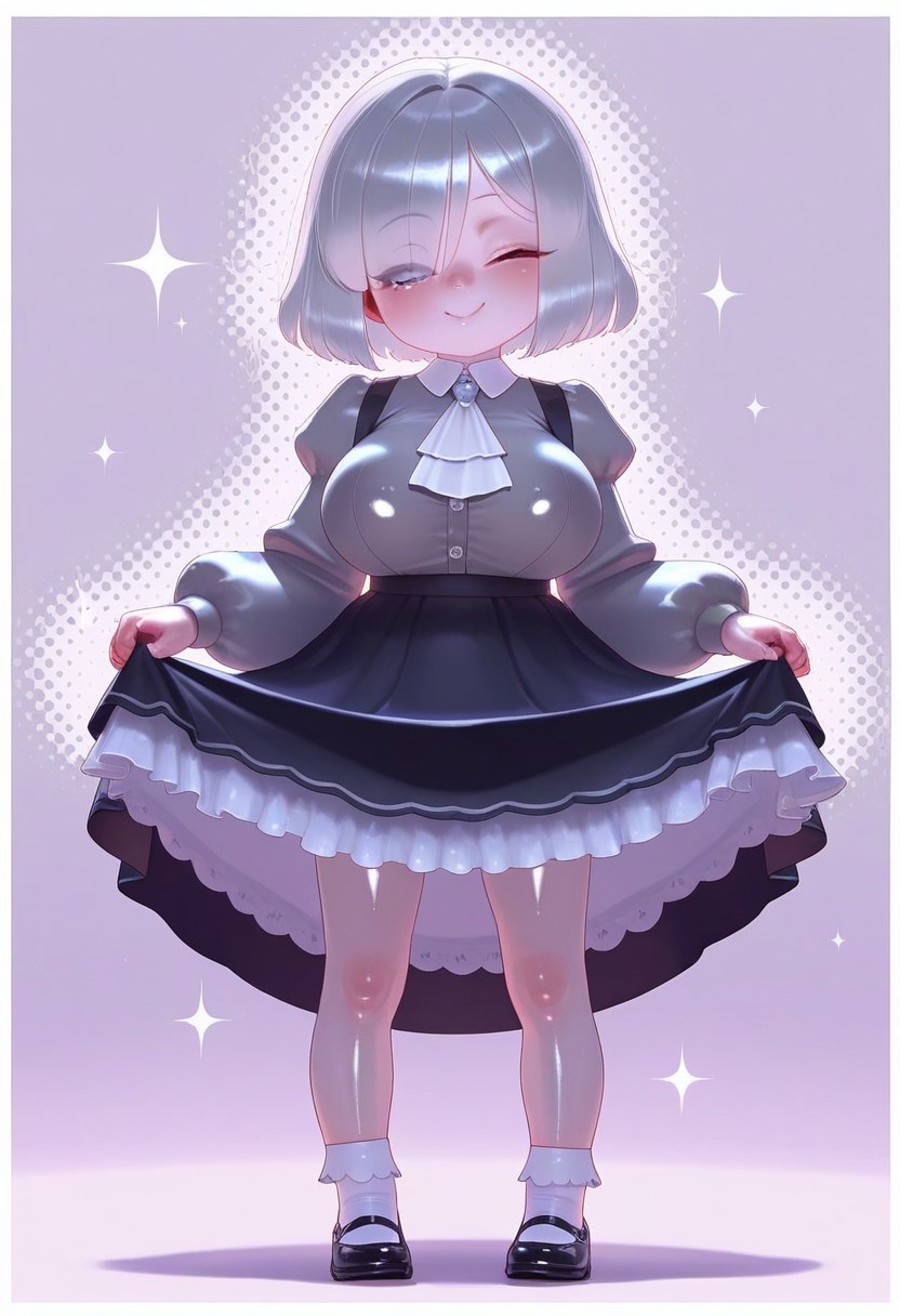 , , masterpiece, best quality, very aesthetic, absurdres, 
  shiny skin, thick black lineart, perfect face, 
1=2, , ,
1girl, full body, [aged down: grey-haired  in puffy-sleeved grey shirt], [white ascot tied neatly], [frilled skirt lifted slightly in curtsey], [eyes visible through short silver bangs], [one eye closed in playful wink], [standing on halftone-dotted background], [round white border with subtle sparkle accents],huge breast