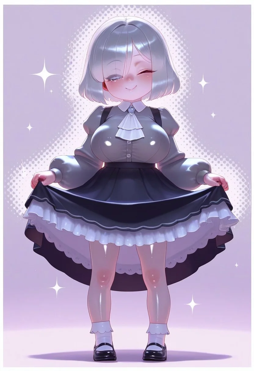 , , masterpiece, best quality, very aesthetic, absurdres, 
  shiny skin, thick black lineart, perfect face, 
1=2, , ,
1girl, full body, [aged down: grey-haired  in puffy-sleeved grey shirt], [white ascot tied neatly], [frilled skirt lifted slightly in curtsey], [eyes visible through short silver bangs], [one eye closed in playful wink], [standing on halftone-dotted background], [round white border with subtle sparkle accents],huge breast