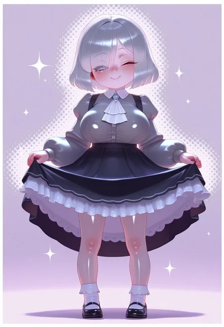 , , masterpiece, best quality, very aesthetic, absurdres, 
  shiny skin, thick black lineart, perfect face, 
1=2, , ,
1girl, full body, [aged down: grey-haired  in puffy-sleeved grey shirt], [white ascot tied neatly], [frilled skirt lifted slightly in curtsey], [eyes visible through short silver bangs], [one eye closed in playful wink], [standing on halftone-dotted background], [round white border with subtle sparkle accents],huge breast