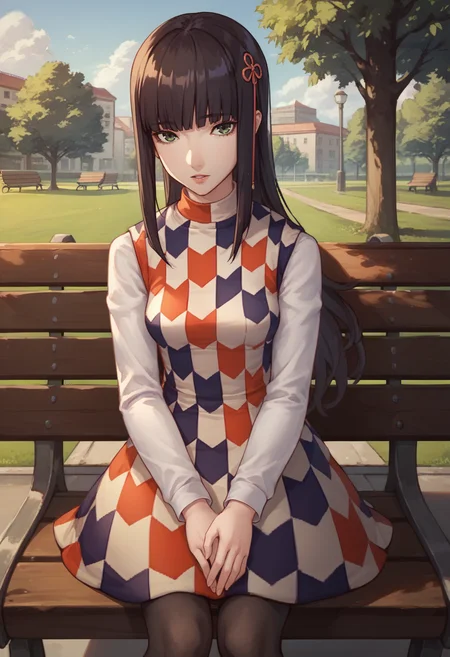 score_9, score_8_up, score_7_up, source_anime, 1girl, looking at viewer, parted lips, hands on lap, <lora:HifumiP5-pdxl:1> casHifumi, long hair, blunt bangs, hair ornament, checkered dress, medium breasts, long sleeves, black pantyhose, outdoors, park, bench, sky