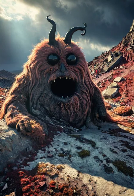 Very Long Messy weathered way to a dystopian creepy cute fluffy black eyed demon barbapapa with Horns infront of huge abyss in spooky sunny dystopian world
very detailed, hd, RAW photograph, masterpiece, top quality, best quality, official art,highest detailed, atmospheric lighting, cinematic composition, complex multiple subjects, 4k HDR, vibrant, highly detailed, Leica Q2 with Summilux 35mm f/1.2 ASPH, Ultra High Resolution, wallpaper, 8K, Rich texture details, hyper detailed, detailed eyes, detailed background, dramatic angle, epic composition, high quality , (8k, RAW photo, highest quality), hyperrealistic,