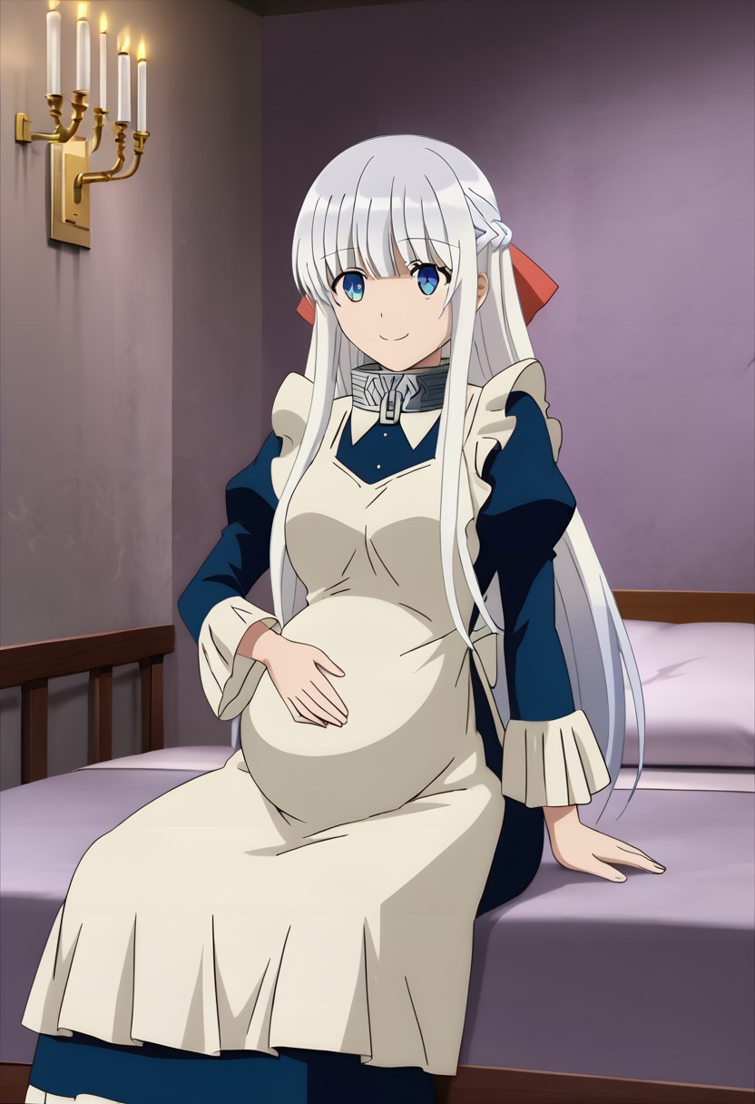 best quality, masterpiece, 4k, perfect lighting, very aesthetic, anime, anime coloring, official art, anime screencap,
bedroom, happy, smile, large pregnant belly, 
sitting, hand on belly,
<lora:Madome - Nephelia SDXL R1:0.8>, Nephelia, dress, maid uniform