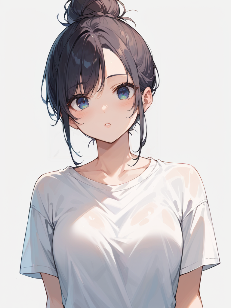 score_9, score_8_up, score_7_up,source_anime, high res image,masterpiece,best quality,girl,cute face,clear skin,shiny hair,ultra detailed eyes,simple background , <lora:single hair bun_pony_V1.0:1> single hair bun,shirt