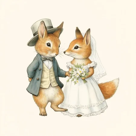 BPstyle, drawing, couple, romance, (male rabbit, wedding suit, hat), walking aside (a cute female fox, wearing a bridal dress)