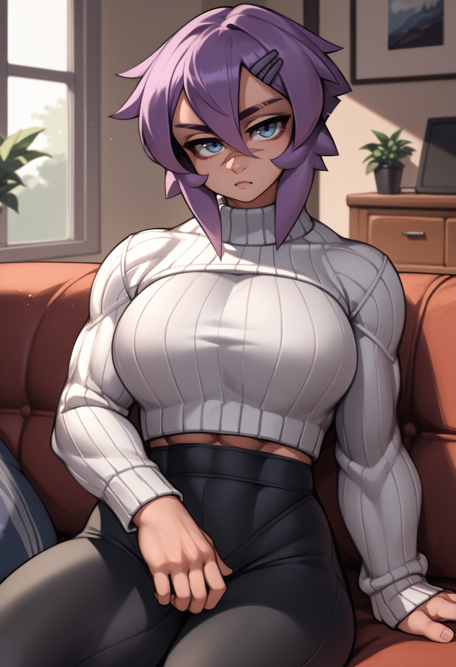 score_9, score_8_up, score_7_up, 1girl, mayanew, blue eyes, purple hair, short hair, hairclip, nose scar, eyebrow cut, large breasts, muscular female, 
white sweater, cropped sweater, black yoga pants,
looking at viewer, lounging, sofa,
indoors, living room,
<lora:Maya-NewStyle-Roadi3PDXL_V1-Manityro-CAME:1.0>,