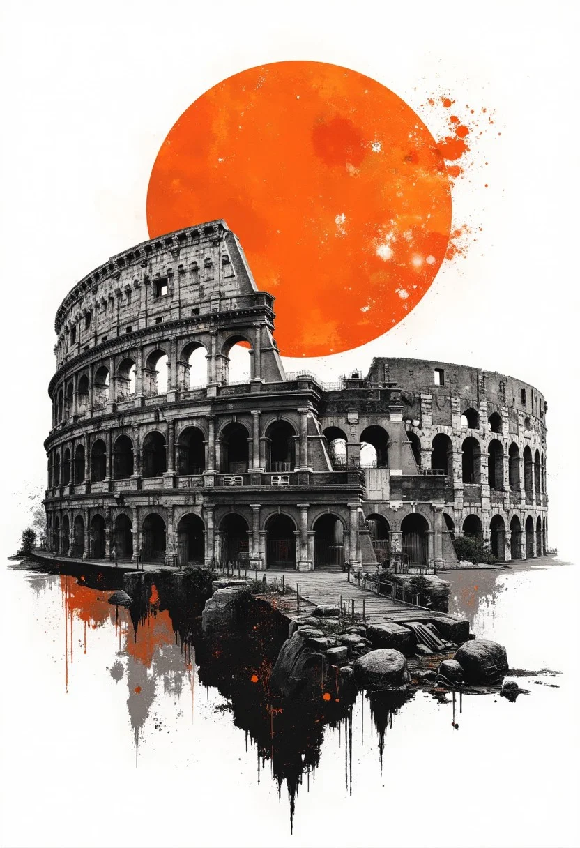 A graphic illustration, black and white, of a mountain landscape and the colosseum with a brilliant orange sunset. d1eselc0re gl1tchc0re