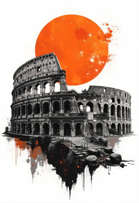 A graphic illustration, black and white, of a mountain landscape and the colosseum with a brilliant orange sunset. d1eselc0re gl1tchc0re