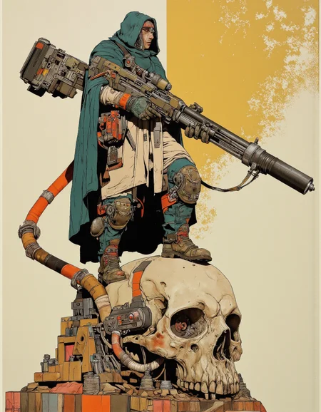 By Phandigrams. 
A digital illustration of a futuristic cyberpunk style character. The character stands on a large ornate skull base. The figure is partially draped in a flowing teal green cape that hides part of his face. The character is equipped with a large, bulky, futuristic weapon that resembles a cross between a rifle and a machine gun, held diagonally across his body. The weapon is detailed with multiple barrels and intricate mechanical components, suggesting advanced technology. The character's outfit includes heavy, armored boots, adding to the rugged, militaristic appearance.
The background is a gradient of yellow and beige, giving a warm, almost desert-like feel to the scene. The base of the skull is intricately designed with various mechanical parts, including gears, tubes, and wires, adding to the cyberpunk aesthetic. The overall color palette is dominated by shades of teal, green, and orange, with highlights of metallic silver and black, reinforcing the futuristic, high-tech theme. The image has a textured look. The composition is dynamic, with the character standing confidently and the weapon held at a dramatic angle.