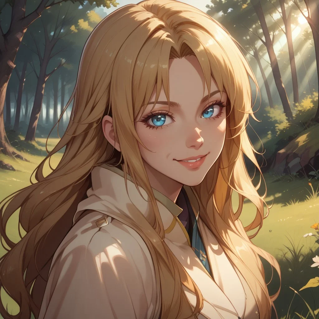 score_9, score_8, BREAK, solo, sendou erika, blonde hair, long hair, blue eyes, sexy pose, self portrait, smile, outdoors, sunlight, shadows, evening lighting, natural lighting, forest, trees, grass, orange sky, sunset