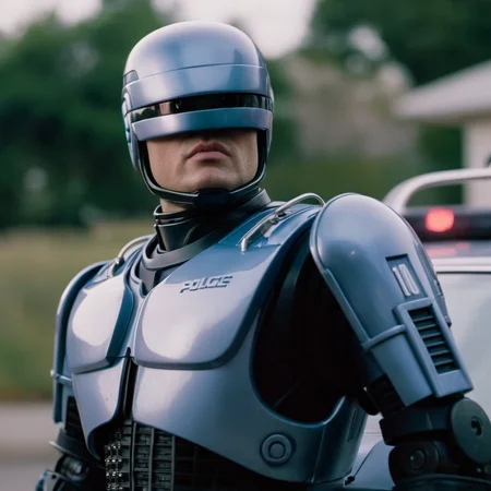 cinematic film still of  <lora:RoboCop 1987:1>
RoboCop 1987 a man in a helmet and a police car, shallow depth of field, vignette, highly detailed, high budget, bokeh, cinemascope, moody, epic, gorgeous, film grain, grainy