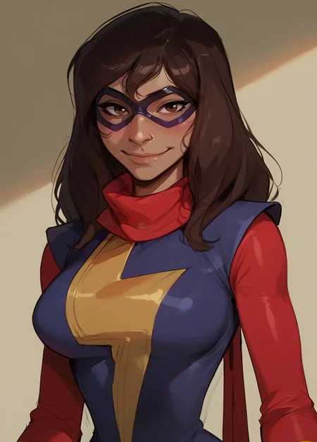 safe_pos, (score_9, score_8_up, score_7_up, score_6_up), Expressiveh, ((sketch, pastel, flat color)), masterpiece,
BREAK ((1girl, kamala khan, kamalakhan, brown hair, brown eyes, dark skin, long hair, dark-skinned female, large breasts, slender, medium waist, wide hips)),
smile, closed mouth, blush, looking at viewer, (mask, domino mask, scarf, superhero, bodysuit, dress), portrait, solo, upper body