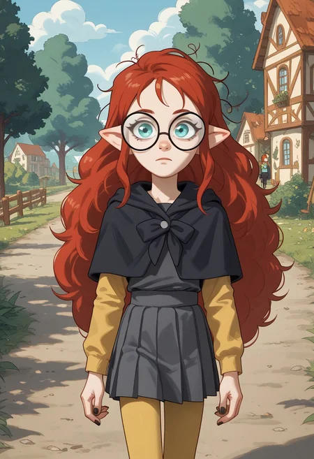 score_9, score_8_up, score_7_up, score_6_up, score_5_up, score_4_up, 1girl, solo,
pointy ears, messy hair, hair between eyes, young lilith, sidelocks, red hair, curly hair, very long hair, aqua eyes, black nails,round black glasses,school uniform, grey shirt, capelet, yellow sleeves, grey skirt, yellow leggings, walking holding books in arms, outdoors sunny day woods,