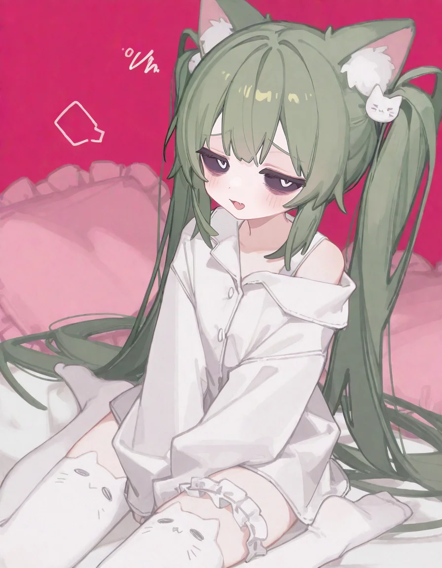 1girl, solo, HMMNT, ciloranko, ningen mame, (stifled laugh:1.2), 
twintails, very long hair, hair ornament, green hair, sidelocks, black sclera, white pupils, half-closed eyes, raised eyebrows, bags under eyes, white shirt, collared shirt, sleeves past wrists, bridal garter, single strap, frills, animal ear legwear, cat ear leagwear, white thighhighs, no shoes, 
very awa, masterpiece, best quality, amazing quality, absurd res, hi res, highres, tianliang duohe fangdongye <lora:748cmSDXL:0.1> <lora:H4ru_style:0.4> <lora:ma1ma1helmes_b:0.1> <lora:NanmoKaken:0.3>  <lora:noobai_vpred_1_masterpieces_v23:1> <lora:39neko:1>