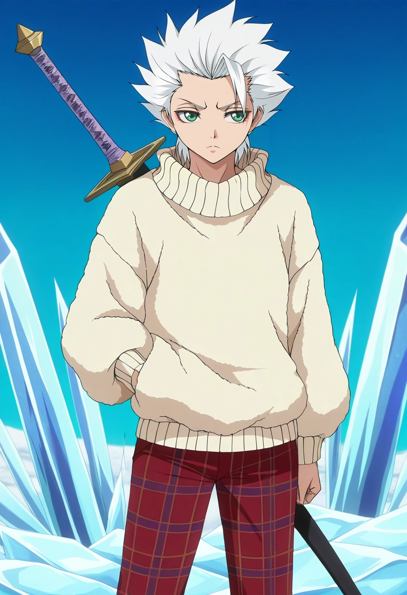 masterpiece, best quality, , anime screencap, anime coloring, official style, , , 1boy, solo, male focus, <lora:toushirou_hitsugaya_ilxl:0.92>, toushirou_hitsugaya, white hair, green eyes, spiked hair, , . sword, ice, bankai, , Plaid trousers, Fleece pullover, , Gatsby cap,