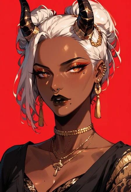 score_9, score_8_up, score_7_up score_9, score_8_up, score_7_up, score_6_up, score_5_up, score_4_up,
<lora:GothGirlAestheticV5-000015:1> g0th,
1girl, horns, jewelry, solo, mole, earrings, dark skin, necklace, black lips, breasts, dark-skinned female, looking at viewer, mole under eye, upper body, white hair, red background, cleavage, makeup, piercing, tassel, hair bun