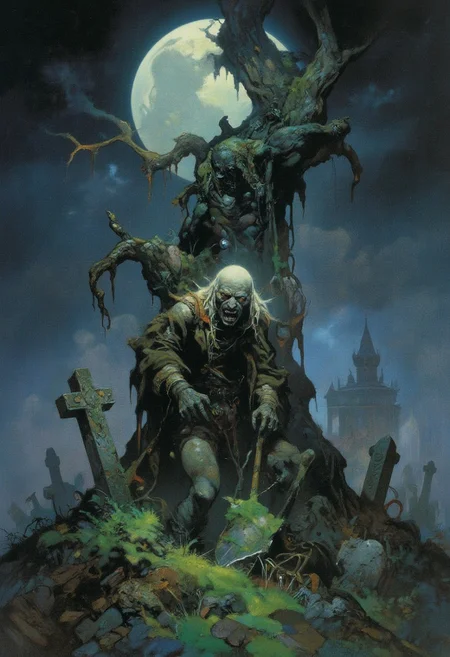 Comic book style 8k high quality digital painting , masterpiece, very detailed, ultra realistic, (best quality) very detailed epic masterpiece, a zombie-like very old man is standing on a churchyard in front of a freshly opened grave, insane facial expression, stringy muddy long hair, pale face, sunken cheeks, opened mouth, lank body, ragged outfit, ragged coat, a shovel in his hand, cemetary with an opened grave, old neglected headstones, high grass, gnarled tree in the background, foggy, full moon, dramatic sky, very dark night, scary scene, action, scary, best quality, epic scene,  Dungeons and dragons atmosphere, heroic fantasy, fna_style, Comic book style