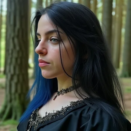 Princess beuty medieval woman, black and blue hair ,black dressed medieval