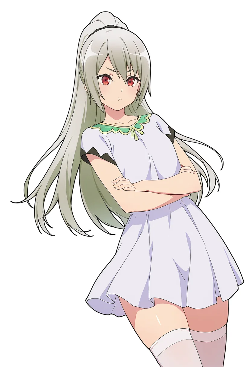 Smooth Quality,masterpiece,very intricate, high quality details, ultra realistic, high detailed skin,detailed enviorement,absurdres,
hand on own elbow ,
 <lora:Ange_Maidena_CNR:0.8> ange_cnr, 1girl, grey hair, red eyes, long hair,
ange_cnr, white_cnr, ponytail, white dress, white shirt, white skirt, white thighhighs,, simple background, white background, dutch angle,
standing, arms crossed, head tilt, serious, balanced stance, confident,  ,, :t,