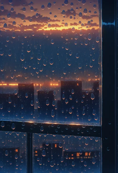 masterpiece, best quality, newest, absurdres, highres, <lora:Detailer_NoobAI_Incrs_v1:1.0>, detailed, cloud, scenery, cityscape, no humans, water drop, cloudy sky, building, bare tree, rain, city lights, window, skyscraper, sunset, evening, railing, skyline, twilight, outdoors, condensation, orange sky, yellow sky, dusk,