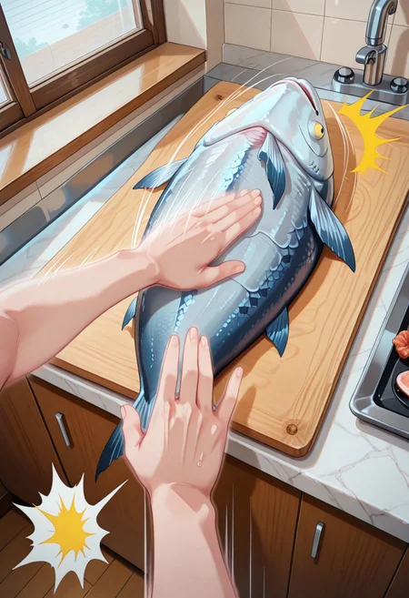 masterpiece,best quality,amazing quality,very aesthetic,absurdres,newest, huge filesize,
BREAK 
no human,
PussySlapping, ^^^, (((speed lines, motion lines, action lines, motion blur))), fish focus, slapping, 
chopping board,fish on chopping board, foreground, pov hand,huge fish,
emphasis lines, afterimage, one male hand, disembodied hand,
indoors,kitchen,window,flower, 
close up,
front view,pov