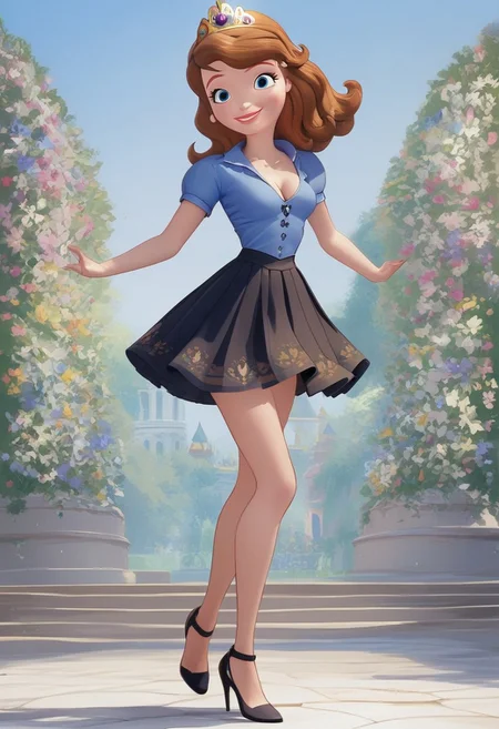 princess Sofia,brown hair,blue eyes,score_up_8, score_up_9, 1girl, solo, medium breasts, 18 years old, sky blue shirt,black skirt, miniskirt, pleated skirt, cleavage, provocative, seducatuve smile, high heels, high quality, 8k,best quality, HD, masterpiece, at royal garden