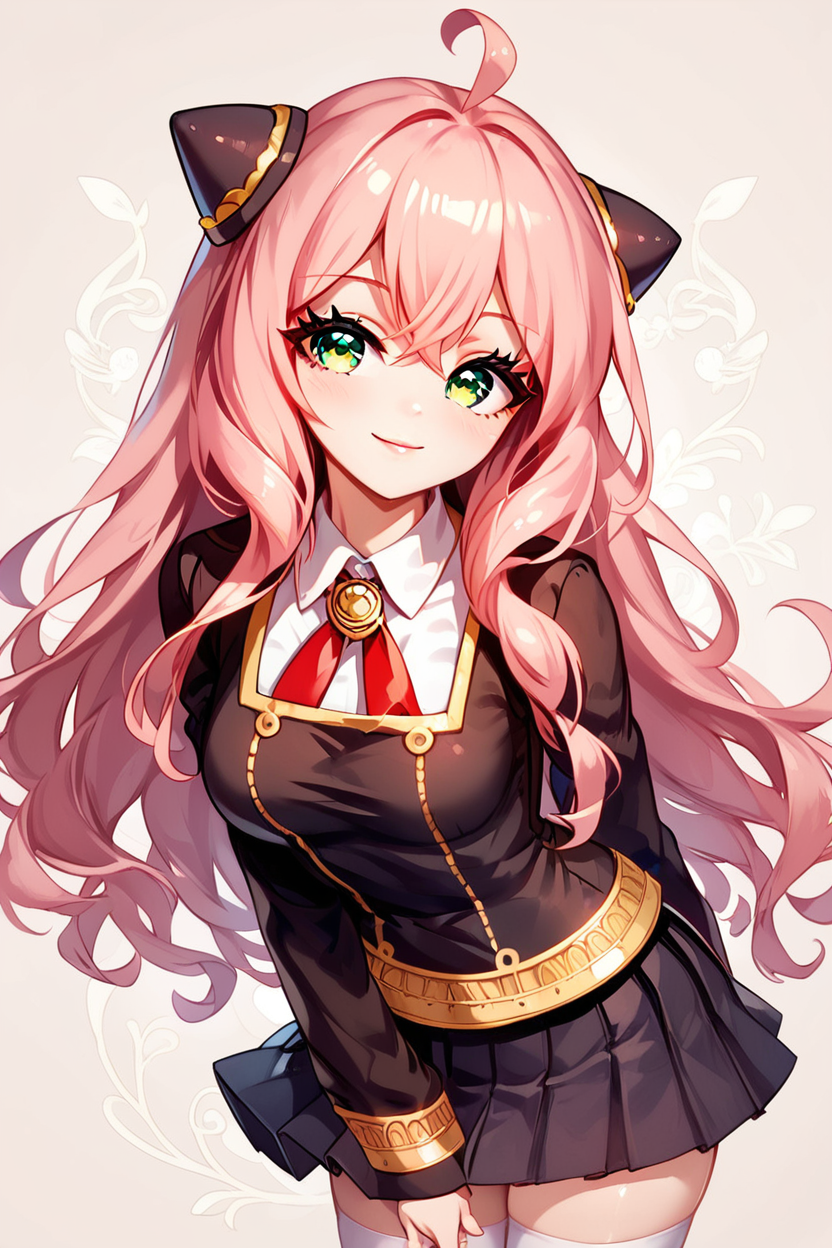 score_9, score_8_up, score_8, medium breasts, (curvy), cute, eyelashes,      ,,,   zzAnya, green eyes, hair between eyes, ahoge, pink hair, long hair, hair ornament, hairpods, smile, closed mouth, (leaning forward, head tilt, finger on lips:1.2), detailed eyes, long sleeves, dress, school uniform, white shirt, pleated skirt, collared shirt, miniskirt, black skirt, black dress, white thighhighs, red ribbon, zettai ryouiki, neck ribbon, gold trim,  ,<lora:AdultAnyaPDXL:0.8>, <lora:ProAnime_PDXL_v1:0.6>  ,,, embedding:zPDXL, Expressiveh, <lora:SDXLFaeTastic2400:0.5>,  <lora:Expressive_H-000001:0.4>,