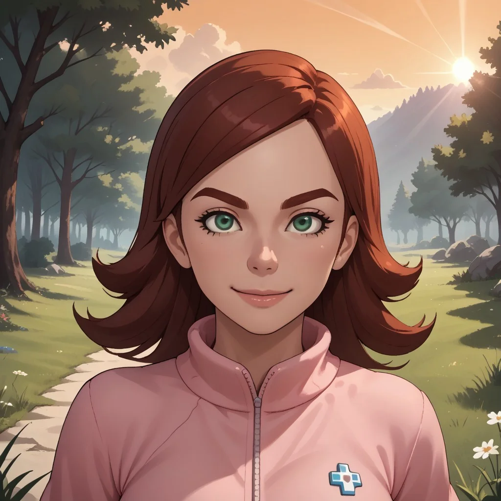 score_9, score_8, BREAK, solo, wii, mii, wii sports, 1girl, female mii, dark red hair, dark red eyebrows, green eyes, pink clothing, white pants, shoes, breasts, nintendo mii, modern_mii, classic_mii, Jen_(Wii_Sports), cute, sexy pose, self portrait, smile, outdoors, sunlight, shadows, evening lighting, natural lighting, forest, trees, grass, orange sky, sunset